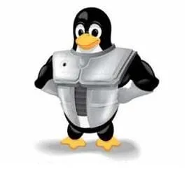 Tux, a Linux pingvin páncélt viselve — a szerverbiztonsági cikksorozat illusztrációja